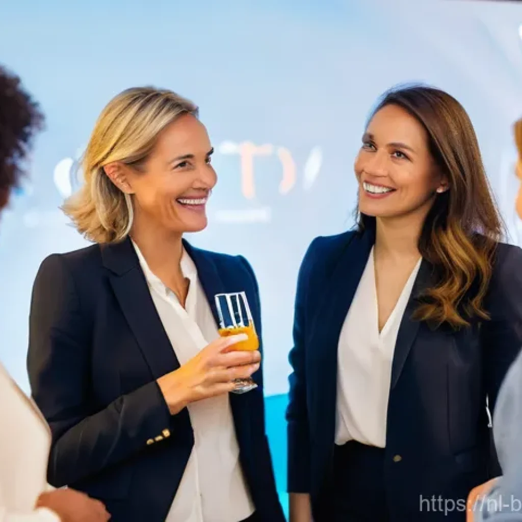 비즈니스 코칭 네트워킹 팁 - **Prompt:** A diverse group of business professionals and coaches networking at a vibrant, modern co...