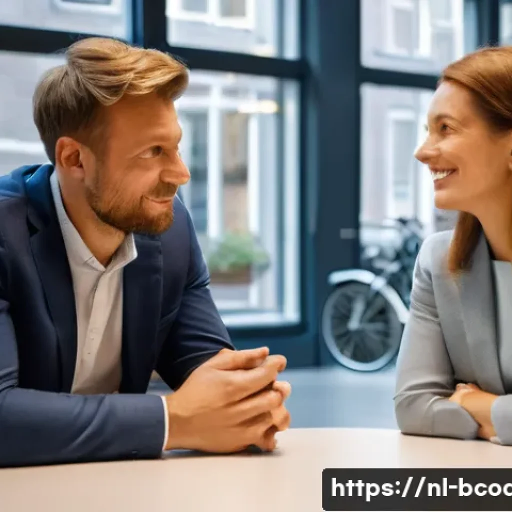 비즈니스 코칭의 필수 면담 기술 - A professional coaching session scene in a modern Dutch office setting, showing a coach and client s...
