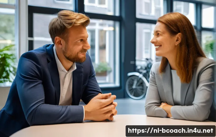 비즈니스 코칭의 필수 면담 기술 - A professional coaching session scene in a modern Dutch office setting, showing a coach and client s...