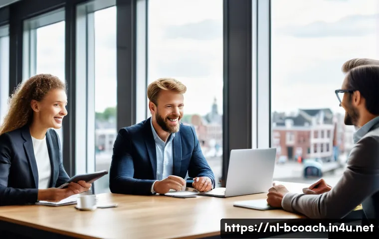 비즈니스 코칭 중점 과목 설명 - A modern Dutch business office scene showing a diverse team of professionals engaged in a lively mee...
