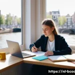 Home 19 비즈니스 코칭 자격증 시험 대비 - A modern Dutch study room with a young adult woman actively learning for a coaching exam, surrounded...