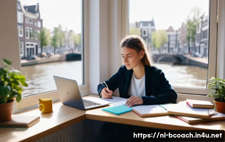 비즈니스 코칭 자격증 시험 대비 - A modern Dutch study room with a young adult woman actively learning for a coaching exam, surrounded...