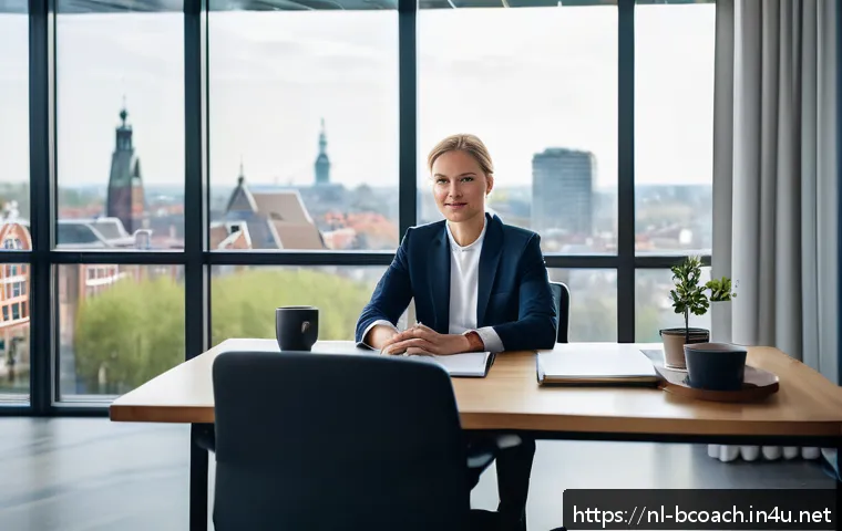 비즈니스 코칭과 연봉협상 스킬 - A professional office scene in the Netherlands featuring a confident Dutch employee in business casu...