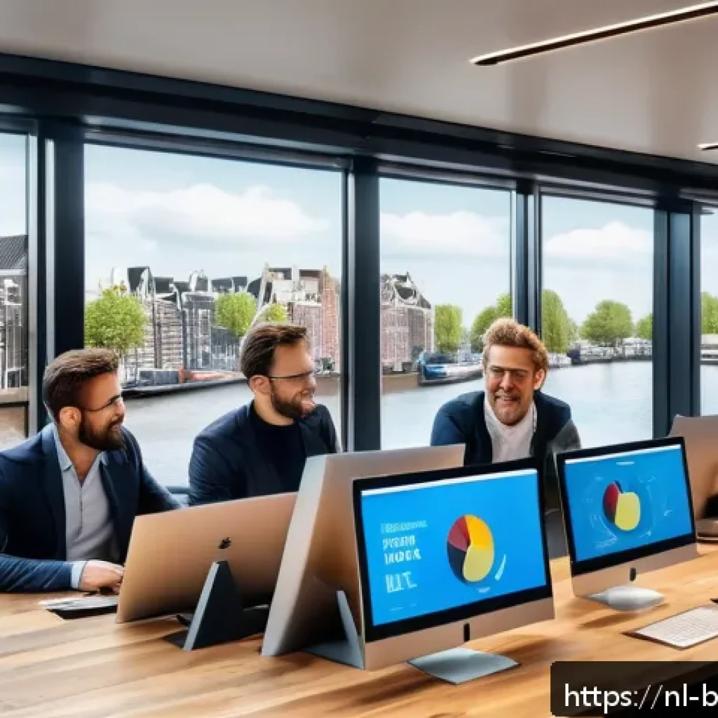 비즈니스 코칭과 비즈니스 분석 연결 - A modern Dutch office environment with a diverse team of professionals collaborating around a large ...