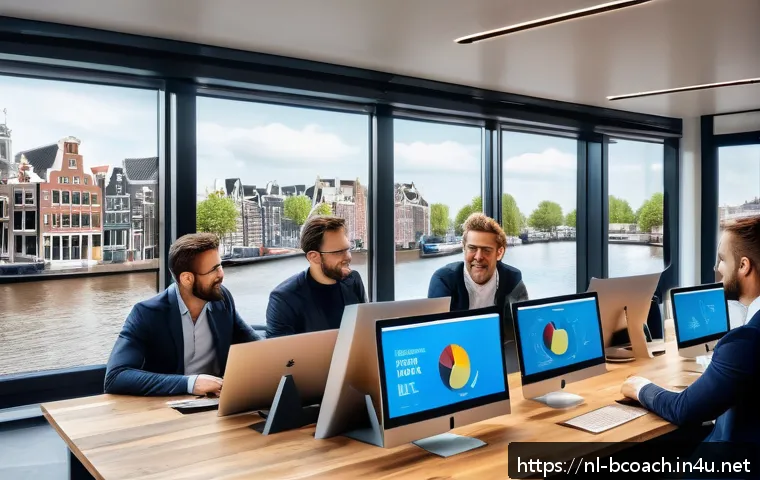 비즈니스 코칭과 비즈니스 분석 연결 - A modern Dutch office environment with a diverse team of professionals collaborating around a large ...