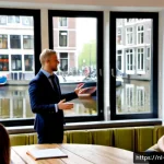 비즈니스 코치의 전문 용어 해설 - Photorealistic business coaching session in a bright Amsterdam canal-side office, an experienced Dut...