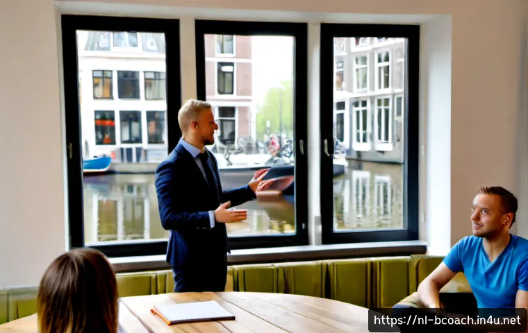 비즈니스 코치의 전문 용어 해설 - Photorealistic business coaching session in a bright Amsterdam canal-side office, an experienced Dut...