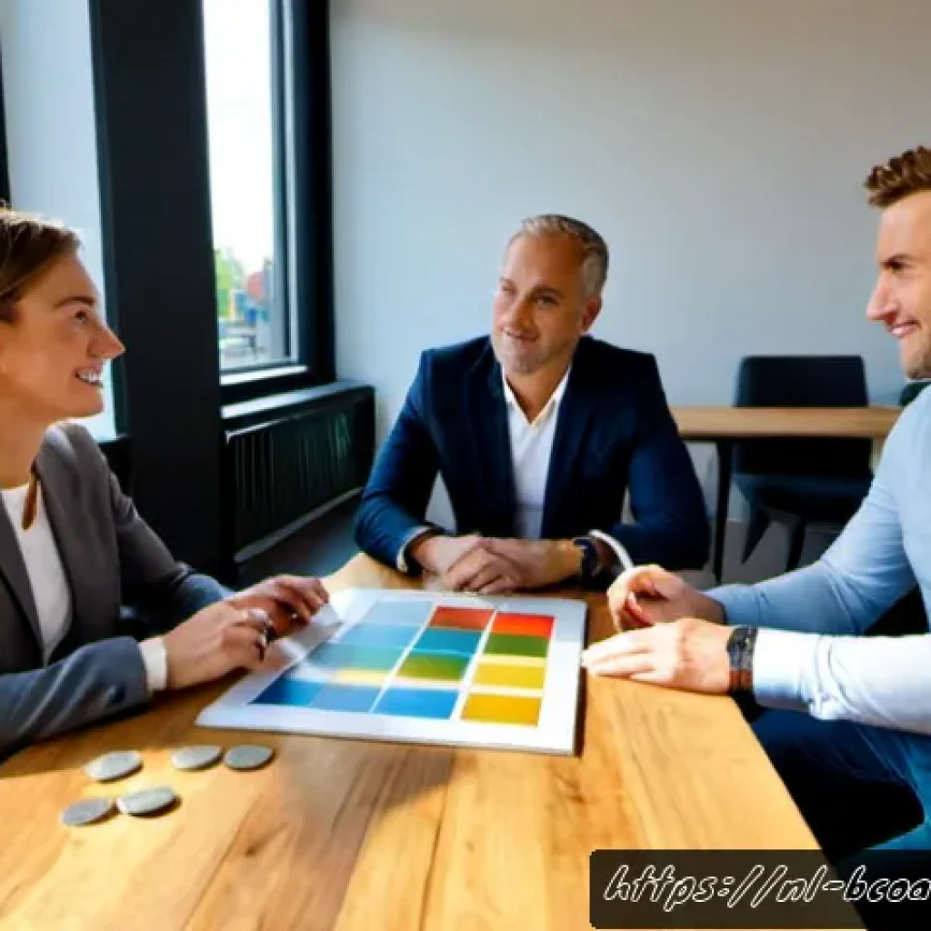 비즈니스 코칭과 경력 코칭 비교 - Photorealistic business coaching session in a bright modern Amsterdam office, a confident middle-age...