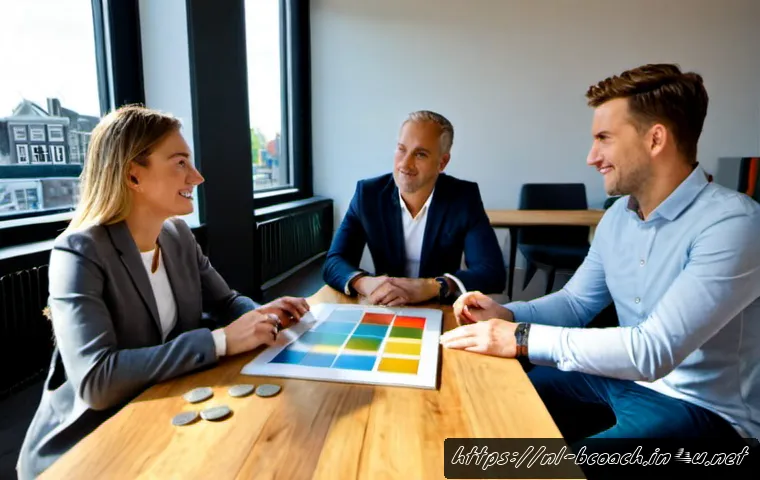 비즈니스 코칭과 경력 코칭 비교 - Photorealistic business coaching session in a bright modern Amsterdam office, a confident middle-age...