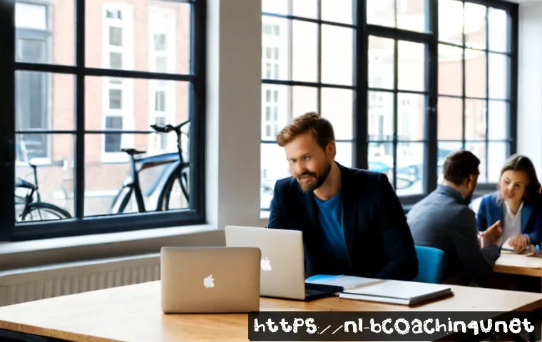 Home 17 비즈니스 코칭과 크로스 팀 커뮤니케이션 - Photorealistic business coaching session in a modern Amsterdam office, an experienced coach facilita...