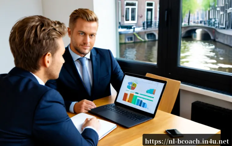 Home 17 비즈니스 코칭 시장 동향 - Photorealistic business coaching market trends scene in a bright modern Amsterdam office, experience...